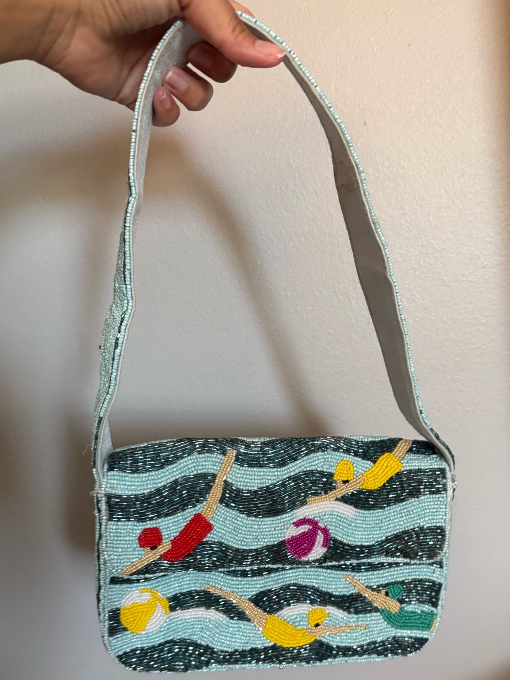 Beaded Swimmers Crossbody Bag in Light Blue and Multicolor